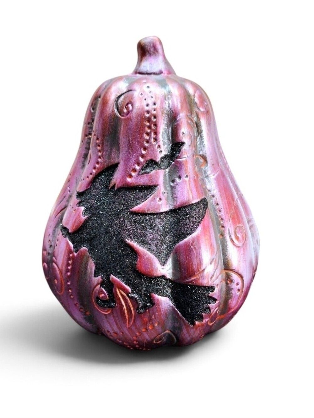 Halloween Metallic Fuchsia Black Glitter Witch & Bat Gourd Decor